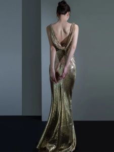 Gold Sequin Fashionable Evening Dress for Women with Mid- Waist Zipper Sleeveless Long Skirt for Wedding Appointment Company Annual Meeting Rite of Mat Party