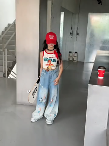 7-16Yrs Girls Jeans for Kids Teens Baggy Jeans Summer Fireworks Theme Denim Ripped Jeans New Korean Fashion Street Jeans High Quality Loose Trousers Girls Bottoms