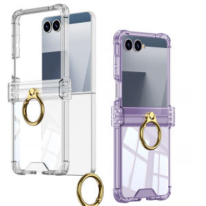 Luxury Ring Holder Hinge Transparent Protection Phone Case for Samsung Z Flip 7 6 5 Z Flip 7FE Clear Armpr Shockproof Back Cover