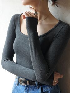 Miiow | Slim Fit Long Sleeve Square Collar Base Shirt Womens Inner Wear Spring Autumn Winter Grey Shoulder Level Top Korean Style