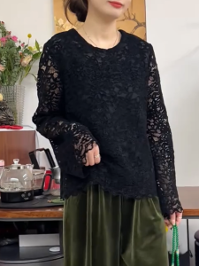 QINGNAER | Elegant Lace Hollow Out Round Neck Slimming Womens Blouse