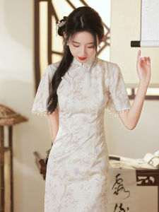 Elegant Floral Print Bodycon Midi Qipao Dress Womens Early Spring Fashionable Revisited Chinese Style Short Sleeve Casual