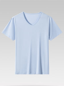 เสื้อยืดคอวีแขนสั้นผ้าโมดอลสำหรับผู้ชาย แฟชั่นฤดูร้อน เสื้อผ้าทำงาน ผ้าไหมน้ำแข็ง สัมผัสเย็นสบาย ความยาวปกติ