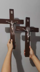 St. Benedict Crucifix 15.5 Inches | Catholic Wall Hanging Religious Decor | Home Blessing Protection Cross | Wooden Cross with Silver Figure | Height 40cm Width 4cm Thickness 2cm