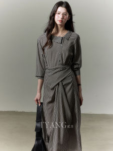 French Intellectual Commuter Dress Womens Waist Cinched Plaid Long Skirt Design by Er Yang Black And White A-Line Dress
