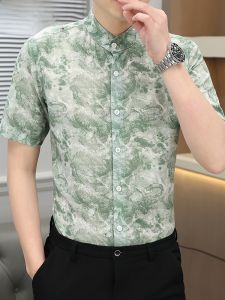 HENGYUANXIANG | Hengyuanxiang Mens Casual Shirt Summer Thin Short Sleeve Stand Collar Printed Lightweight Fashionable Chinese Style Workwear