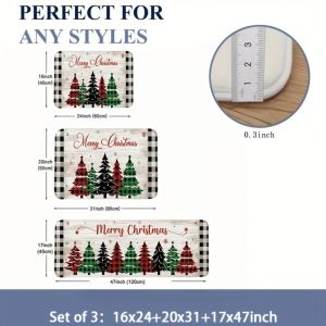 VIKAMA Farmhouse Christmas Kitchen Rug Set Anti Slip Washable Mat Wooden Plaid Pickup Truck Tree Snowflake Floor Runner