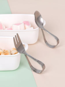 Stainless Steel Spoon Fork Set for Toddlers Training Utensils Baby Hand Hold Ring Shape Self Feeding Diningware Childrens Cutlery