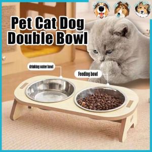 Pet Double Bowl Stainless Steel 2 in 1 Cat Feeder Anti Overturning Drinking Bowl Dog Cat Food Bowl