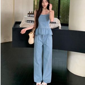Trendy Street Style Denim Set Women Summer 2025 New Design Sensation Age Reduction Strap Top Wide Leg Long Pants Two Piece Set