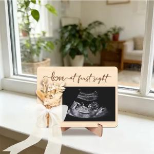 Love At First Sight Ultrasound Photo Frame Tabletop Wooden Frame with Holder & Ribbon For Pregnancy Announcement Sign