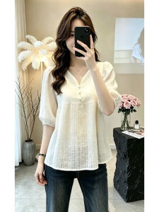 LIRUSHAN | V-Neck Short Sleeve Bubble Sleeve Shirt