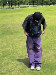 FATEEGG Purple Jeans High Street American Style Streetwear Hip-Hop Retro Straight Loose Wide-Leg Long Pants for Men
