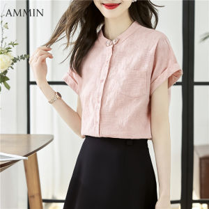 AMMIN new Chinese national style Pan Gu buckle embroidered short-sleeved lace tops summer new fashion temperament ladies loose and versatile bubble sleeve lace chiffon shirt
