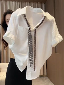 DVDK | Retro French Style Short Sleeve Scarf Tie Blouse