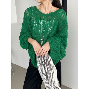 เสื้อสเวตเตอร์ถักแขนโคมไฟผ้าขนสัตว์หลวมๆ ฤดูใบไม้ร่วงสำหรับผู้หญิง เสื้อสวมหัวสีขาวอ่อนๆ คอกลม