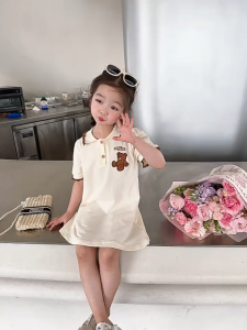 Wonderlandkids Korean Girls Bear Polo Dress Short Sleeved Princess Dresses For Kids Girls