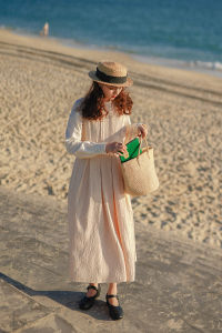 French Vintage Cotton Linen Embroidered Gentlewoman Dress Loose Waist Long Skirt Backless round Neck A-Line Gown for Spring