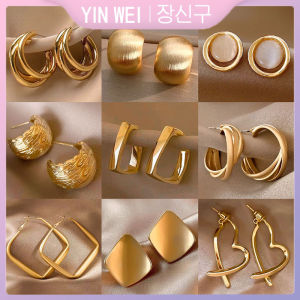 YIN WEI ต่างหูทองย้อนยุคของผู้หญิงสไตล์ฮ่องกงต่างหูโลหะสัมผัสขั้นสูง Cincin Kuping ดีไซน์เฉพาะกลุ่ม