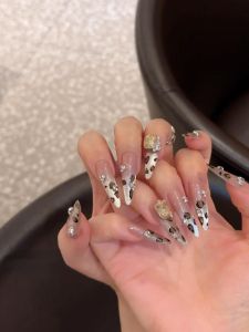 Champagne Leopard Print Fake Nails Handmade Sharp Pointed Wearable Nail Art White Enhancing Long Sharp Tips Nail Extensions