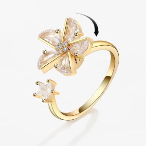 Diamond Rotating Windmill Engagement Ring for Women Anxiety Relief Adjustable Open Fidget Spinner Ring anillo antiestres