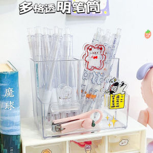 Transparent Three-Grid Pen Holder Office Desk Surface Panel Storage Box Minimalist Style Student Stationery Storage Rack Storage Box