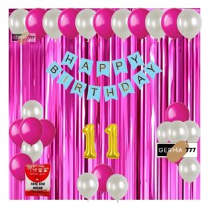 Set Pesta Dekorasi Balon Putih Ulang Tahun Anak Banner Happy Birthday Biru Tirai Pink Tua Ultah