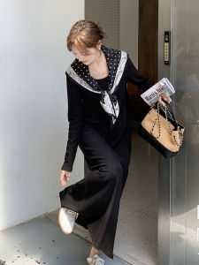 Black French Style A-Line Dress Womens Autumn New High Waist Long Sleeve Polka Dot Scarf Shoulder Dress Slimming Elegant