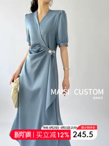 Elegant V-Neck Long Dress Womens Summer New Style Slimming Waist High Waist Acetate Satin A-Line Skirt Korean Style Dress