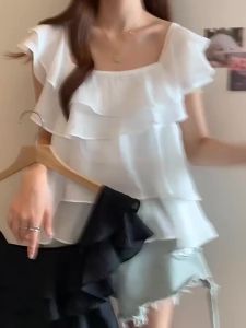 AIYITI | Áo Blouse Voan Cổ Vuông Tay Ngắn