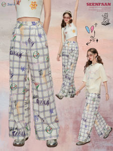 SEENFAAN Summer New Graffiti Plaid Wide Leg Casual Pants Womens Design Trendy Drawstring Natural Waist Cotton Straight Leg