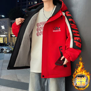 Thickened Fleece Lined Short Hooded Jacket Mens Autumn Winter Fashion Warm Stylish Casual Polyester Zipper Coat for Students