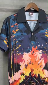Cocoshell พร้อมส่งจากไทย เสื้อฮาวาย ผ้าไหมอิตาลี ไม่ยับไม่ร้อนไม่ต้องรีด ลายภูเขาไฟ แบบต่อลาย H109