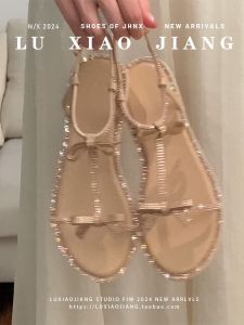 Beach Sandals Womens Summer Outdoor Wear Gold Rhinestone Butterfly Knot Fairy Style Open Toe Flat Bottom Shoes Leather Version