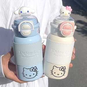 Hellokitty Insulated Stainless Steel Water Bottle Straw Portable Cute Student Beverage Cup Children Dual Drinking Straw Cup