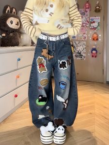 Retro American Washed Cartoon Embroidery Wide Leg Jeans Women Loose Straight Casual Long Pants Knife Edge Design Comfortable