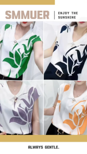 Summer Plus Size Short-sleeved Shirt Tops Floral Loose Casual Bright Color V-neck T-shirt Trendy Ladies 4082