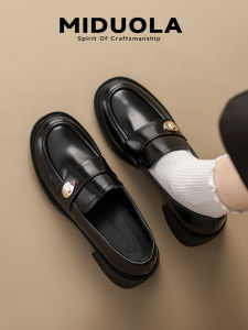 Leather Thick Bottom Womens Shoes Fall Winter Versatile Black British Style Small Leather Shoes Chunky Heel Single Shoes