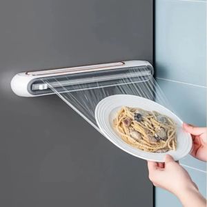 Food Cling Film Dispenser Magnetic Refillable Plastic Wrap Dispenser with Cutter Aluminum Foil Stretch Film Cutter Kitchen Tool