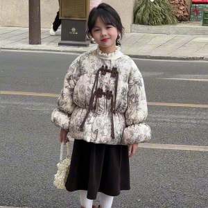 Girls Eastern Elegance Bamboo down Jacket Winter Fashionable Childrens Buttoned Coat Thickened Fleece Skirt Set Chinese Style
