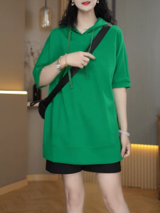 QINGNAER | Plus Size Loose Short Sleeve Tunic Hoody Women