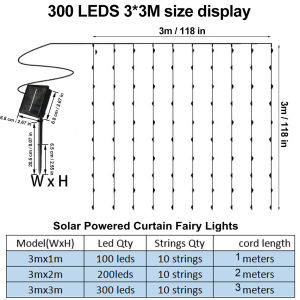 Outdoor solar silver curtain light with 8 modes 300LED 200LED 100LED waterproof Christmas light Fairy LightsRamadan Lamp wedding holiday birthday xmasbedroom window party courtyard garden decoration light string