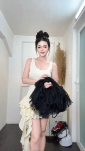 CR_ Đầm tiểu thư công chúa đầm ngọt ngào nữ tính đi tiệc đầm dạ hội mini cổ yếm Ren bèo tầng kèm quần trong