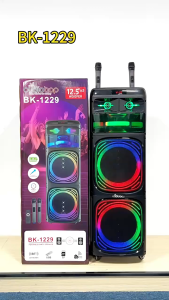 BK-1229 Dual 12-inch Bass Speaker with Flame Lamp and 2pc Wireless Microphone