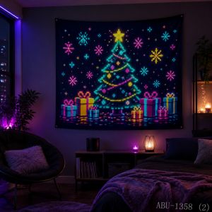 VIKAMA Neon Purple Green Tree Forest Aurora Snowflake Water Reflection Christmas Tapestry Bedroom Living Room Dorm Home Decor