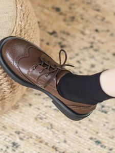 WANGGONGZHU | Fashionable Genuine Leather Brogue Flat Shoes Womens Spring Autumn Casual Round Toe Low Heel Rubber Bottom Slip-On Shoes