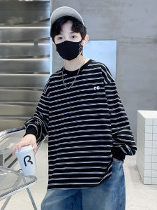 Jkids Long Sleeve Base Shirt for Boys Spring Autumn Cotton Polyester Blend Korean Style Standard Fit Striped Pattern