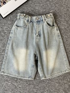 กางเกงยีนส์ทรงหลวมเอวสูงทรงตรงสำหรับผู้หญิงในช่วงฤดูร้อน กางเกงขาสั้นทรงเข้ารูปสไตล์ย้อนยุค กางเกงยีนส์ทรงเข้ารูปสำหรับฤดูร้อน