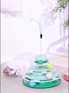 Cat Toy 3 Layer Tower Spnning Ball Track Feather Teaser Stick with Catnip Ball | Mainan Kucing Bulatan Bola Bola Catnip | 猫咪羽毛逗猫棒新款猫转盘带猫薄荷逗猫棒四层猫轨道游乐盘猫玩具