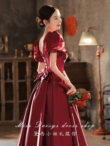 High-End Bride-To-Be Red Dress with Princess Style Mid-Waist Puff Sleeves Short Length for Daily Use Square Collar Design